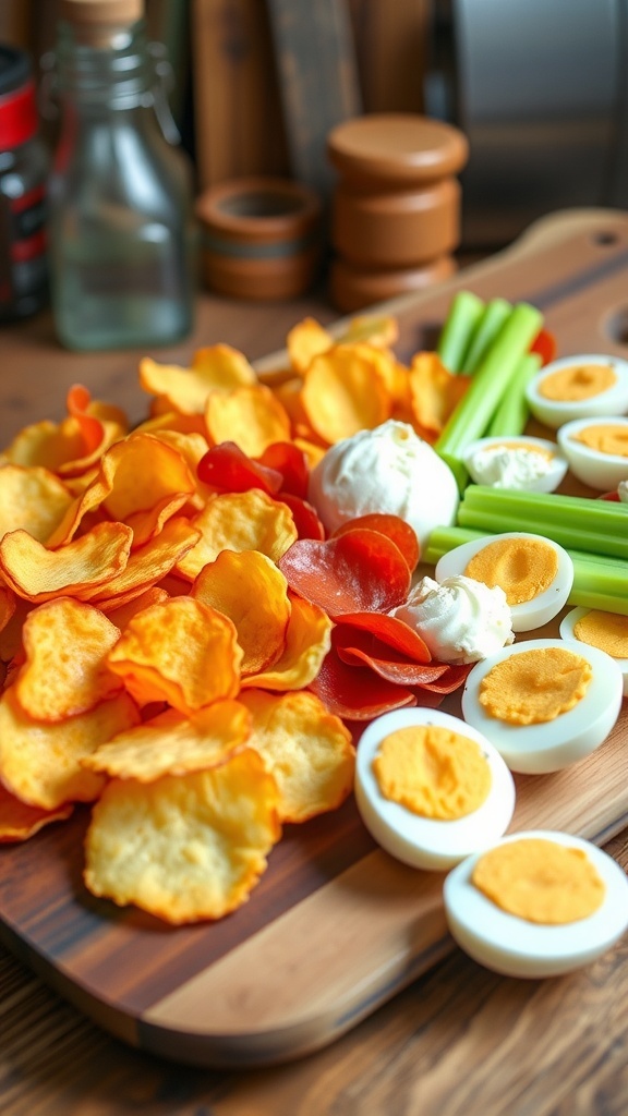 An assortment of zero carb snacks including cheese crisps, pepperoni chips, celery sticks with cream cheese, and hard-boiled eggs on a wooden platter.